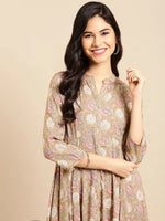 Women's Beige Printed Anarkali Kurta-ON-537-Beige