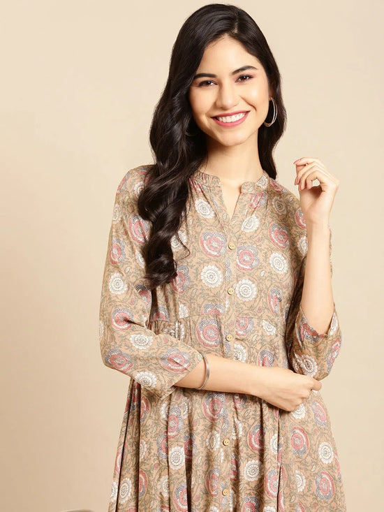 Women's Beige Printed Anarkali Kurta-ON-537-Beige