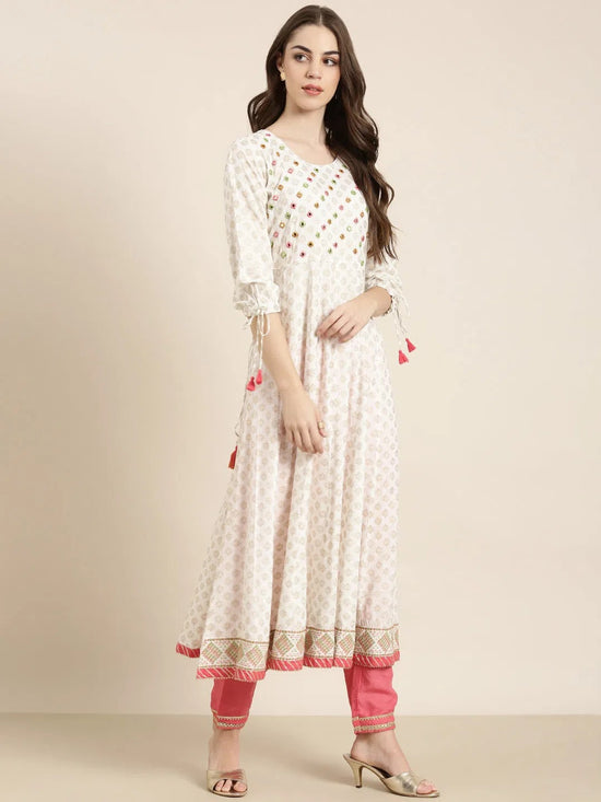 Women White Geometrical Anarkali Kurta-AT-A521-LG-White