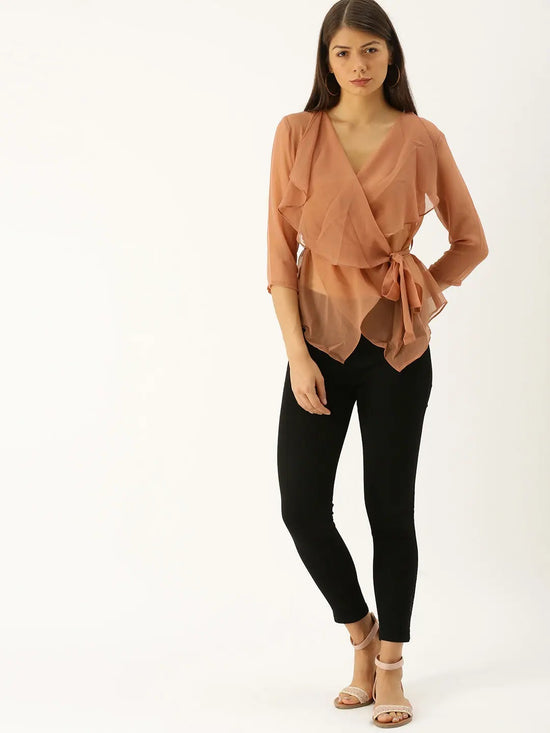 Slouchy overlap sheer top in Dusty Pink