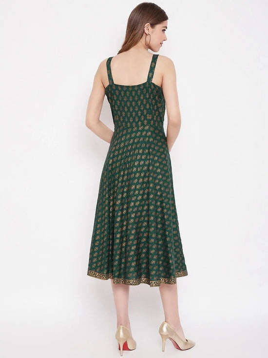 Shoulder strap flared midi dress in Bottle Green