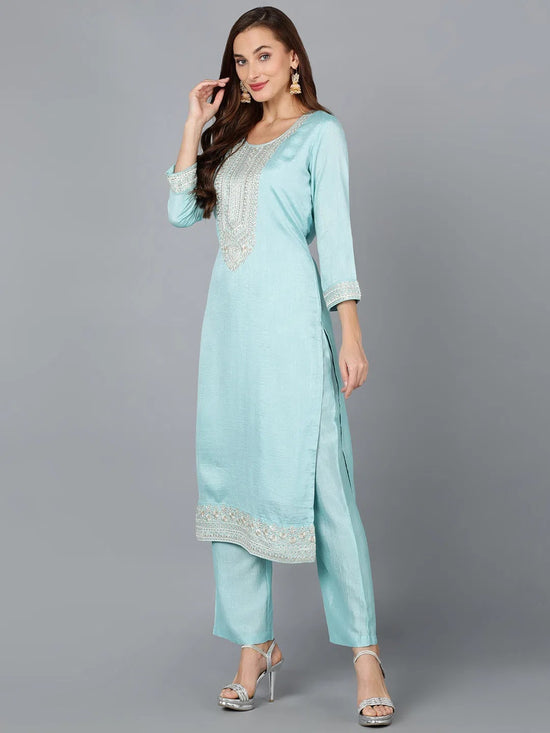 Ice Blue Silk Blend Embroidered Festive wear