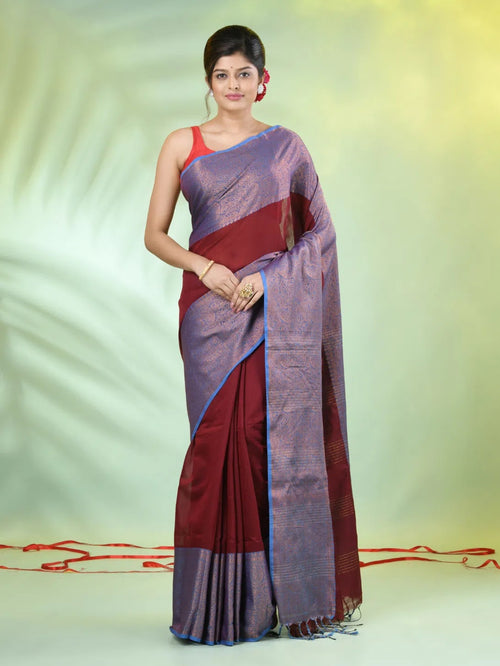 Maroon Cotton Saree With Zari Borders-MA66BCT43620005