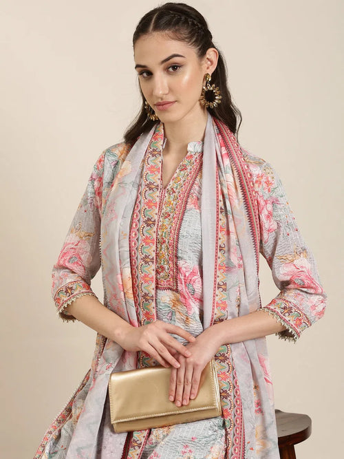 Women Grey Floral Kurta Set-TF-DJ-212-Grey