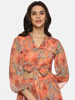 Floral Orange Front Tie-Knot Crop Top-17354