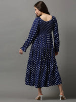 Women's Blue Printed Fit and Flare Dress-ON-526-Navyblue