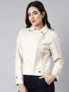 Women Solid Cream Biker Jacket-8909-Cream