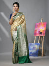 Ecru And Green Katan Silk Banarasi Patli Pallu Saree With Ethnic Motifs And Zari Woven Designs-MA52KA441380064