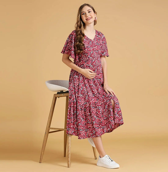 MomToBe Floral Print Maternity Fit Flare Dress-1218mtbwineflrd-l