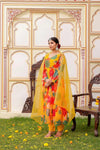 Vaasva Women Mustard Organza Multi Floral Print & Embroidered Anarkali Kurta, Pant & Dupatta set