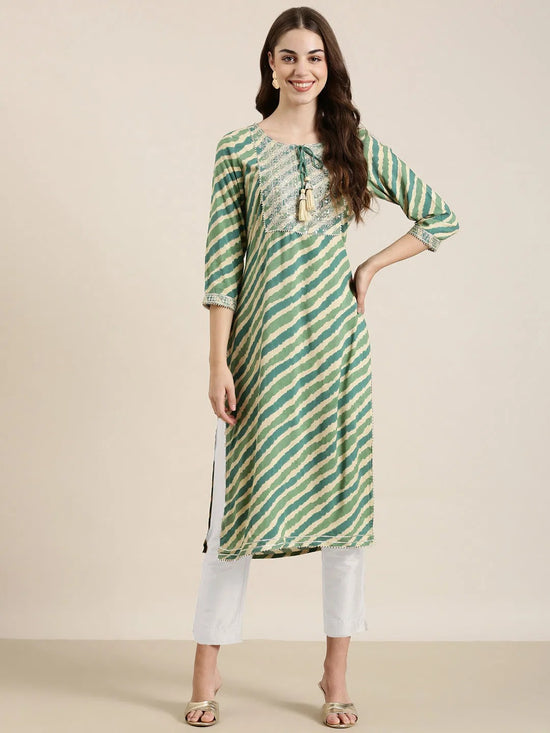 Women Green Striped Straight Kurta-TF-MS-172-Green