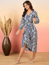 Overlap neck Tulip midi Dress in Blue Ikkat Print