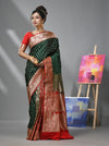 Green And Red Katan Silk Banarasi Patli Pallu Saree With Ethnic Motifs And Zari Woven Designs-MA52KA441380060