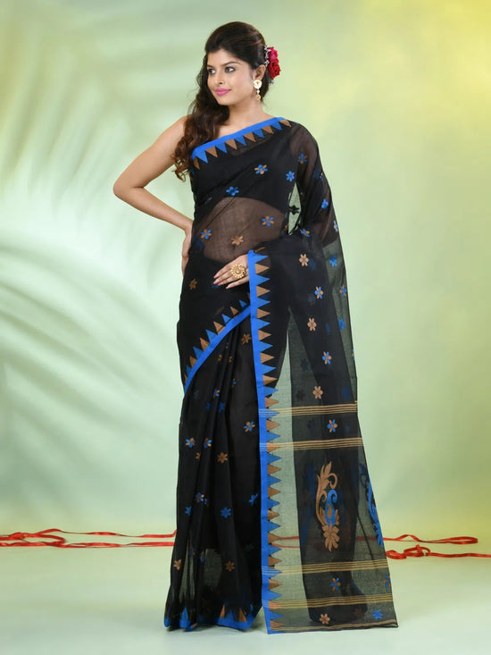 Black Cotton Saree With Temple Borders-MA66CT43830050