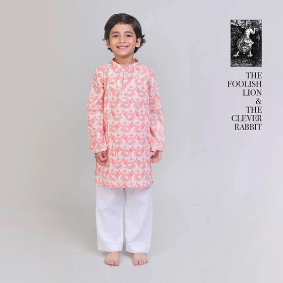 Collar Full Sleeved Cotton Kurta & Pajama Set For Boys With The Foolish Lion & The Clever Rabbit Print