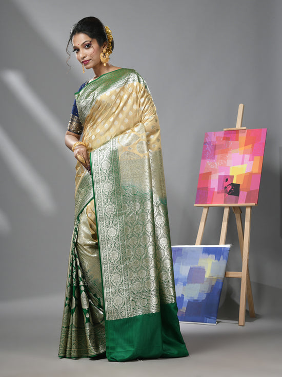 Ecru And Green Katan Silk Banarasi Patli Pallu Saree With Ethnic Motifs And Zari Woven Designs-MA52KA441380064