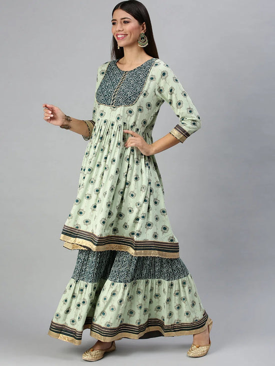 Women's Green Printed Kurta Sets-FS2349-Green