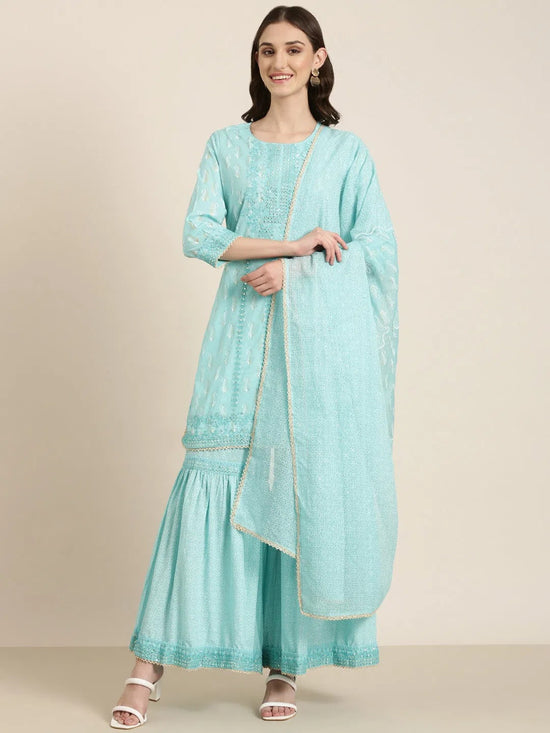 Women Turquoise Blue Paisley Kurta Set-GW-3285-Turquoiseblue