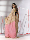 Beige Cotton Saree With Stripes Design & Dual Border-MA55CT06540034