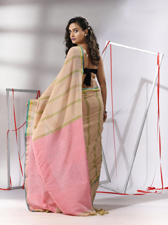 Beige Cotton Saree With Stripes Design & Dual Border-MA55CT06540034