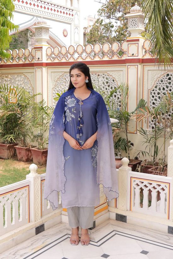 Vaasva Women Blue Tabby Slik Print & Embroidered Kurta, Pant & Dupatta Set