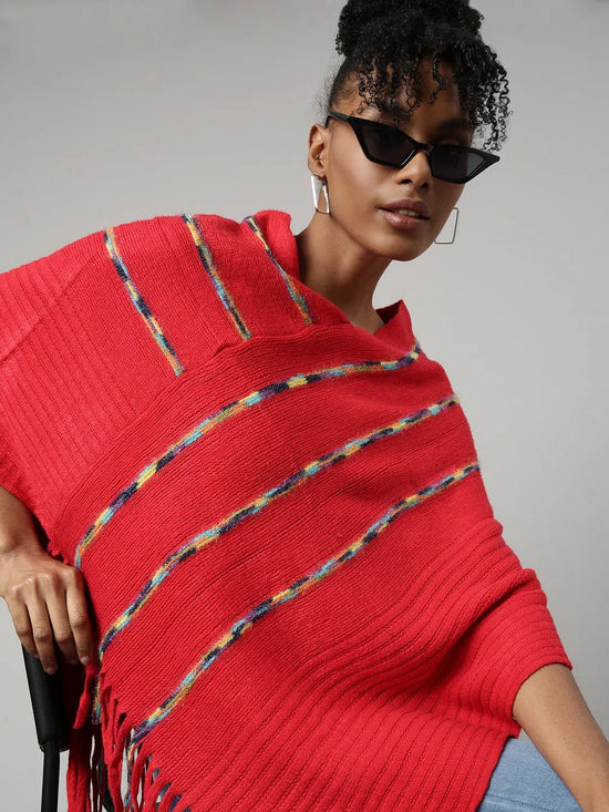 Women Striped Red Longline Poncho-CHN-9991-Red