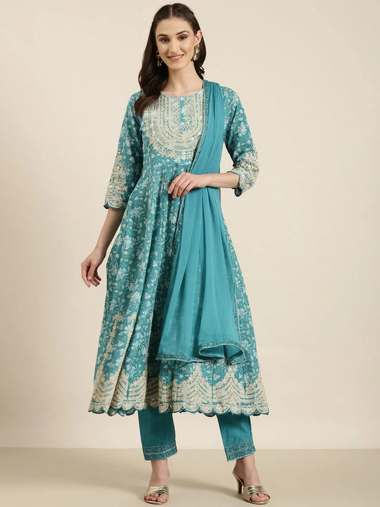 Women Turquoise Blue Floral Kurta Set-FS-3056-Turquoiseblue