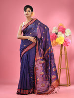 Blue Cotton Blend Handwoven Saree With Floral Motifs-MA51BCT431600003