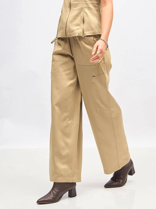 Women Beige Twill Waist Drawstring Cargo Pants