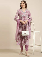 Women Anarkali Lavender Floral Kurta and Trousers Set Comes With Dupatta-BC-SK-1834-Lavender