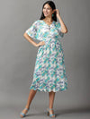 Women's White Floral Fit and Flare Dress-KG-592-Whiteturquoiseblue