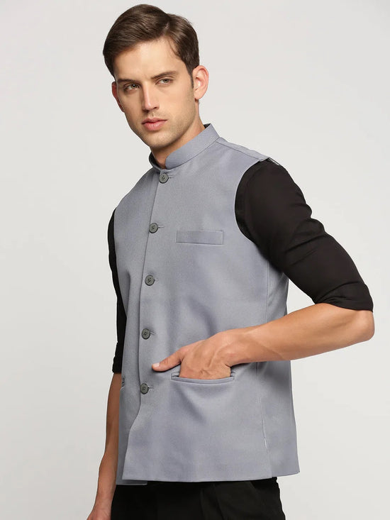 Men Grey Mandarin Collar Solid Nehru Jacket-AD-J-450-Grey