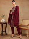 Ahika Women Maroon Cotton Blend Embroidered Straight Kurta Pant Set-VKSKD2185_XS