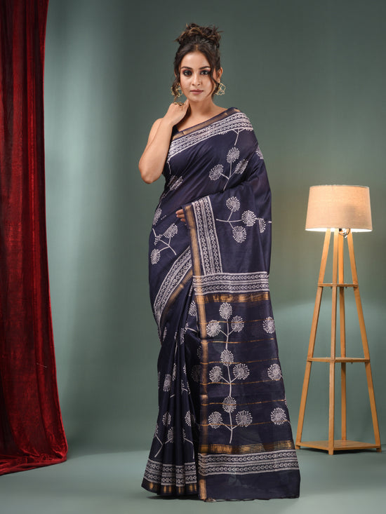 Navy Blue Blended Silk Handwoven Saree With Flower Designs-MA50BSL34710014