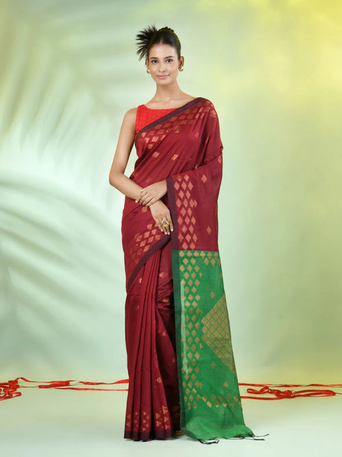 Maroon Cotton Saree With Geomatric Patterns-MA66BCT43830036