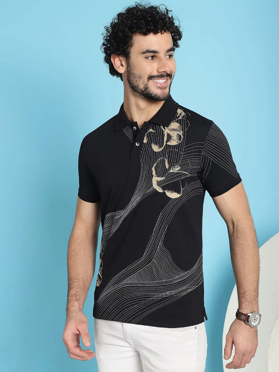 Venitian Men All Over Printed Black Cotton Polo Neck T-Shirt