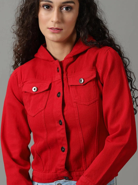 Women's Red Solid Denim Jacket-AE-9511-Red