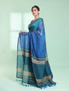 Teal Blue Patli Pallu Cotton Saree With Texture Design-MA59CT06570028