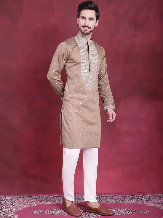 Men's Sequins Embroidered Kurta Pyjama Set.-JOKP-5019Beige