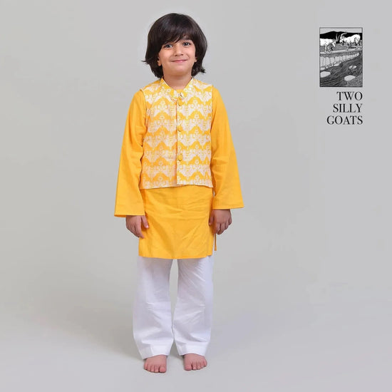 Cotton Nehru Jacket with Kurta Pajama Set For Boys with Two Silly Goats Print