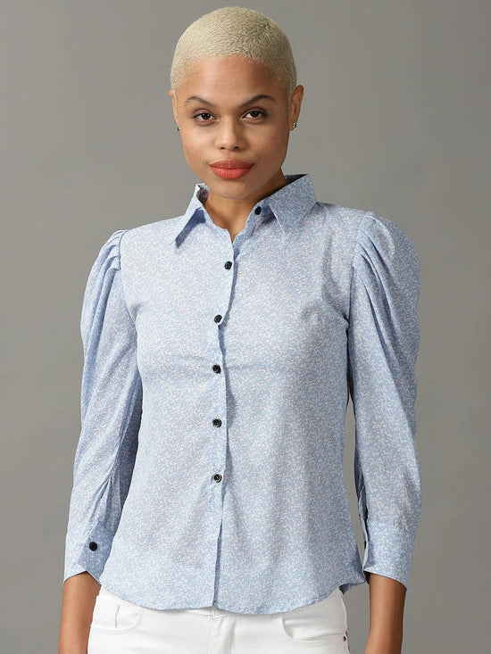 Women's Blue Printed Shirt-AE-10365-Blue