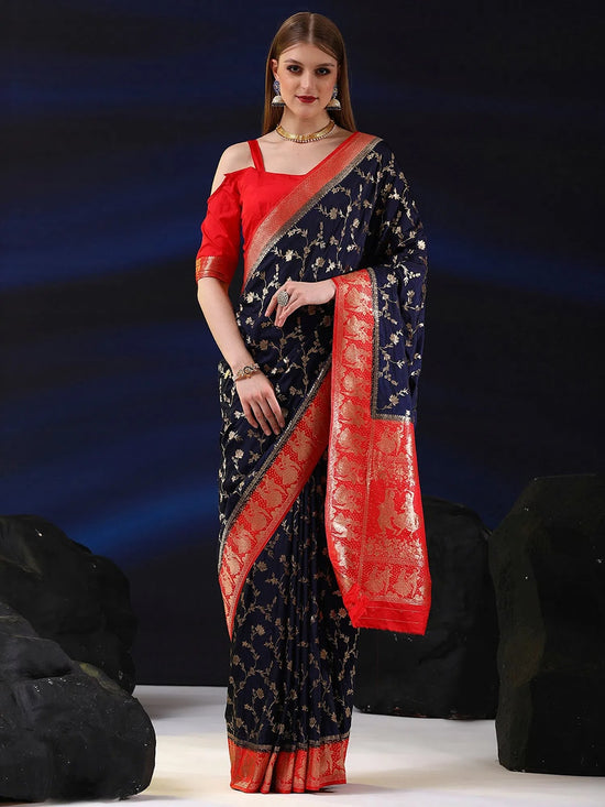 Saree Mall Women's  Blend Navy Blue Woven Design Designer Saree With Blouse Piece-SGITRIUS03G