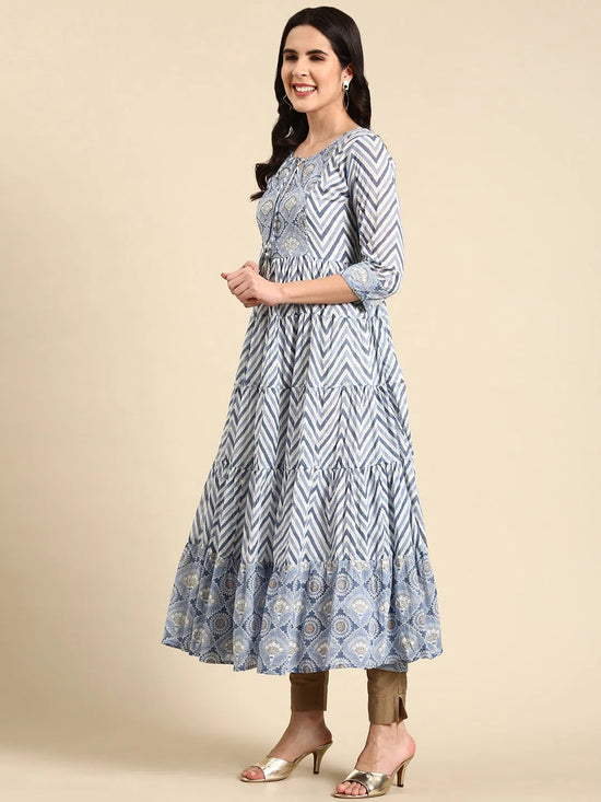 Women's Blue Printed Anarkali Kurta-AT-A621-Blue