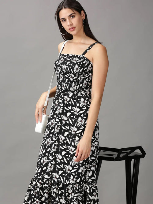 Women's Black Printed Fit and Flare Dress-AE-15674-Black