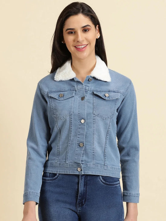 Women's Blue Solid Denim Jacket-LT-JKT-0105461-Blue