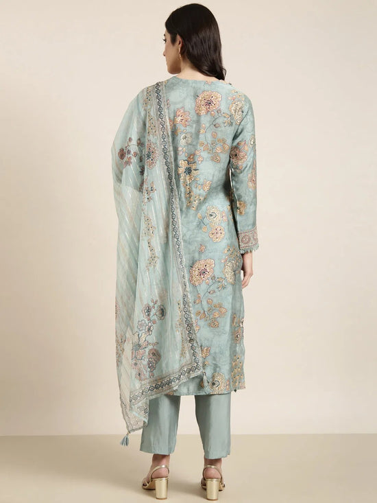 Women Straight Sea Green Solid Kurta and Trousers Set Comes With Dupatta-GW-4650-Seagreen