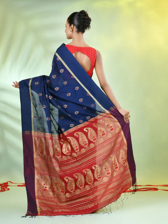 Navy Blue Cotton Saree With Ethnic Motifs-MA66BCT431080054