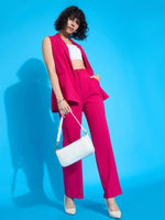 Women Fuchsia Double-Breast Sleeveless Blazer With Straight Pants