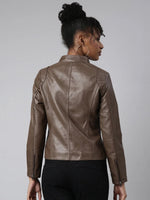 Women Solid Brown Biker Jacket-TA-06-Brown