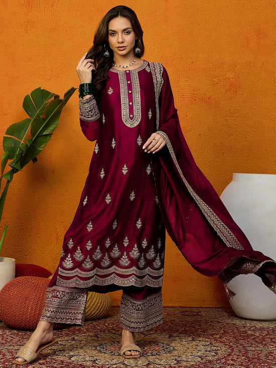 Ahika Women Maroon Silk Blend Embroidered Straight Kurta Palazzo Set With Dupatta